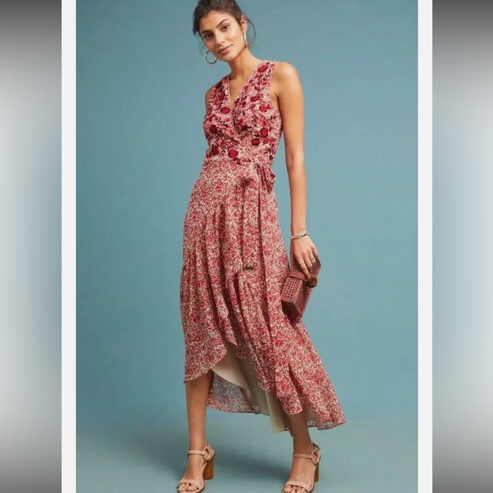Anthropologie Ranna Gill Alexandra Floral Appliqué Beaded Wrap Maxi Dress